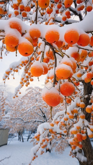 金黄宝石般的柿子树下，江南小镇雪花美景