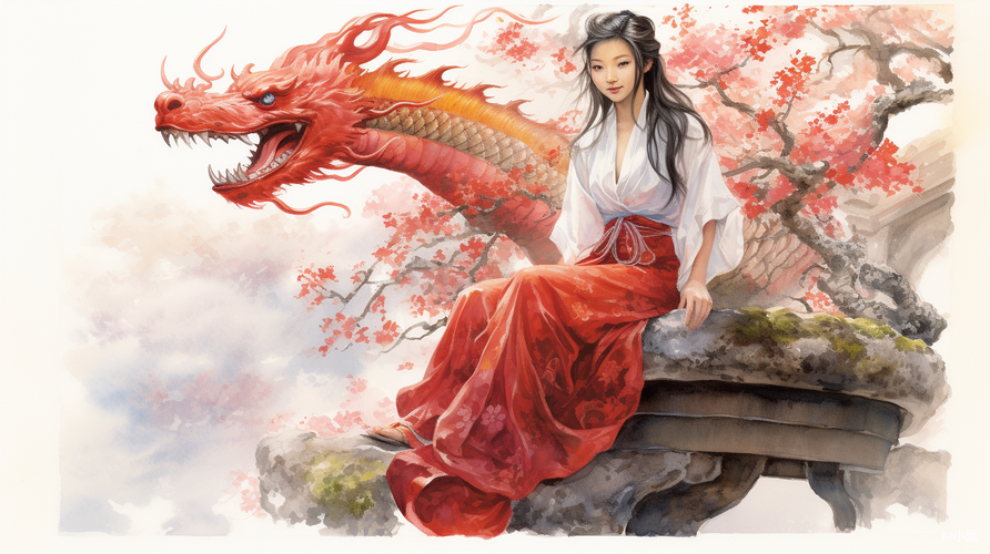 Graceful Chinese girl with majestic dragon in serene garden