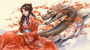 A graceful Chinese girl in traditional costume, wearing a vibrant red dress, sits beside a majestic golden Chinese dragon, gently caressing its scales with her hand, surrounded by cherry blossoms in full bloom, a tranquil traditional Chinese garden, serene and peaceful, painted in the style of a traditional Chinese ink painting with delicate brushstrokes and soft washes of color, 超高清，ar 16:9