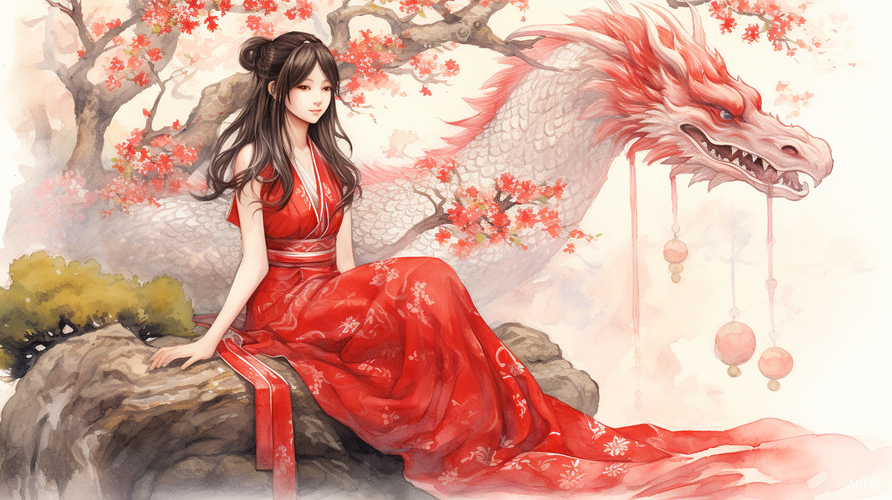 Graceful Chinese girl with majestic dragon in serene garden