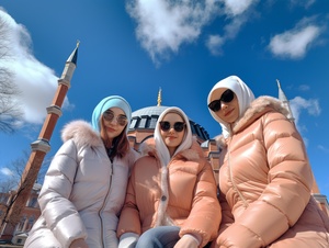 Three Girls Embrace Hagia Sophia's Beauty under Blue Sky