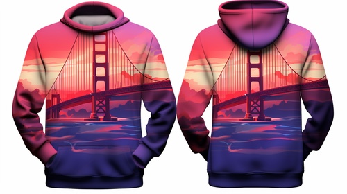 cyberpunk stylish san Francisco golden gate Bridge.3d optical illusion random paatterns to print on all over hoodie and jackets