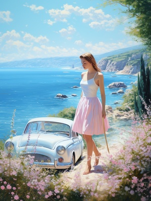 blue sea,pink car , lots of colorful flowers,beautiful scenery,a girl with white skirt