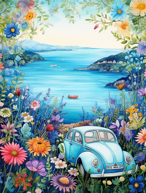 Colorful Flowers: A Fairy-like Scenery with Blue Sea and Car