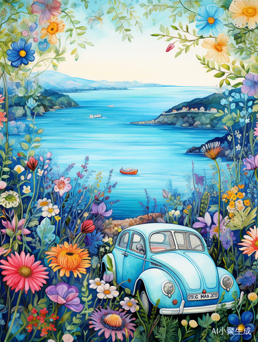 Colorful Flowers: A Fairy-like Scenery with Blue Sea and Car