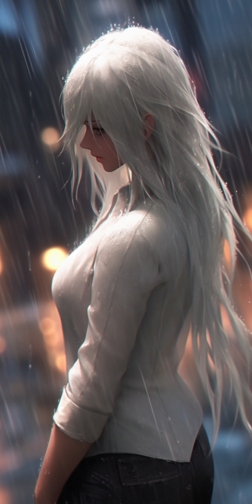 Canon EOS 600D camera photo of full view concept, illustration for seinen manga or seinen anime, gorgeous ( ๏ ㅅ ๏ ) woman is on all fours under heavy rain, with white hair, close-up shot from behind, super realistic, frostbite 3 rendered, natural beauty of woman body, ultra detailed closeup, nighttime ar 16:9 niji 5