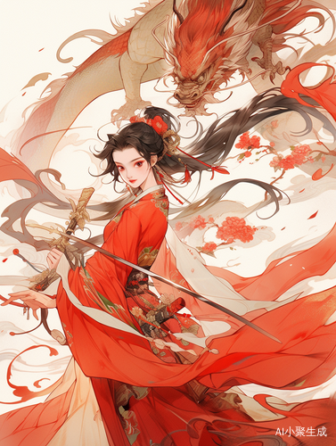 古装少女手舞长剑，骑龙飞翔，细腻红裙，漫天樱花