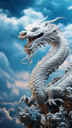 magnificent white dragon with long serpentine body covered in shimmering scales, sharp claws and fangs, elegant wings spanning wide, and piercing blue eyes, gracefully gliding through the misty clouds, ar 16:9, realistic photography style captured with a telephoto lens to emphasize the intricate details of the dragon's features and the ethereal atmosphere