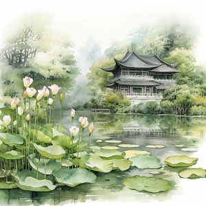 Tranquil Ancient Chinese Temple with Lotus Pond