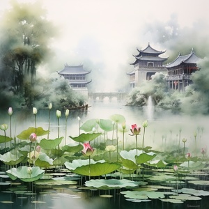 Tranquil Ancient Chinese Temple with Lotus Pond