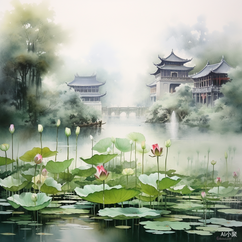 Tranquil Ancient Chinese Temple with Lotus Pond