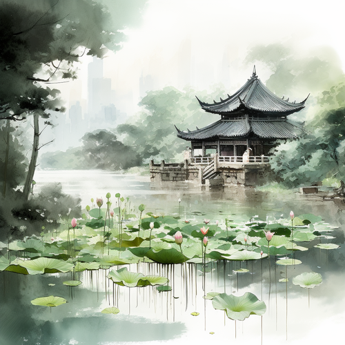 Tranquil Ancient Chinese Temple with Lotus Pond