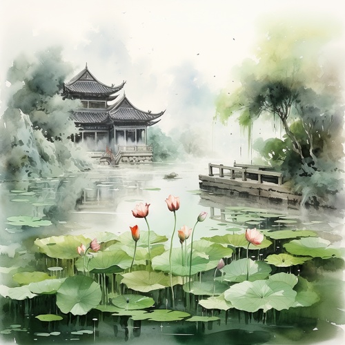 A serene lotus pond in an ancient Chinese temple surrounded by lush greenery, with a gentle mist rising from the water's surface, peaceful and tranquil, traditional Chinese ink painting style, executed with ink brushes and rice paper ar 4:3