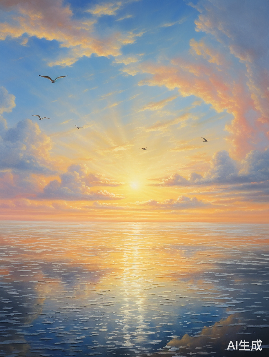 波光粼粼的海面上的金灿灿的日出景色