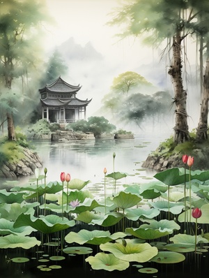 A serene lotus pond in an ancient Chinese temple surrounded by lush greenery, with a gentle mist rising from the water's surface, peaceful and tranquil, traditional Chinese ink painting style, executed with ink brushes and rice paper ar 4:3