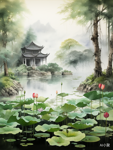 Tranquil Ancient Chinese Temple with Lotus Pond