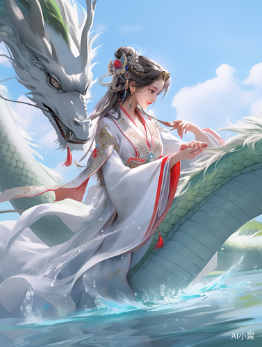 Awhite Chinese Dragon and a Red Tang Dynasty Girl on a Mythical Lake