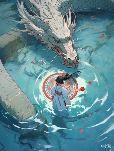 Awhite Chinese Dragon and a Red Tang Dynasty Girl on a Mythical Lake