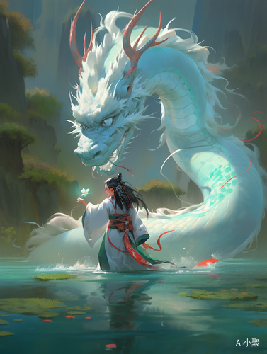 Awhite Chinese Dragon and a Red Tang Dynasty Girl on a Mythical Lake