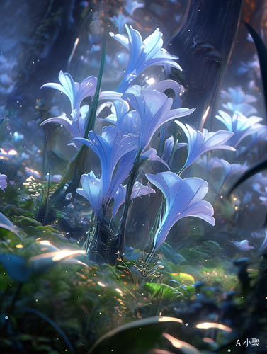 Futuristic Jade Lilies and Mushrooms in Forest