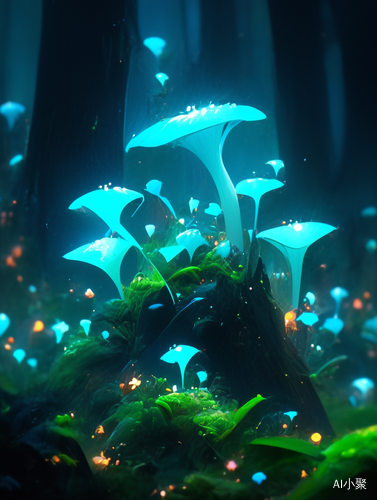 Futuristic Jade Lilies and Mushrooms in Forest