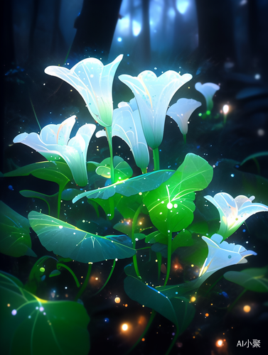 Futuristic Jade Lilies and Mushrooms in Forest