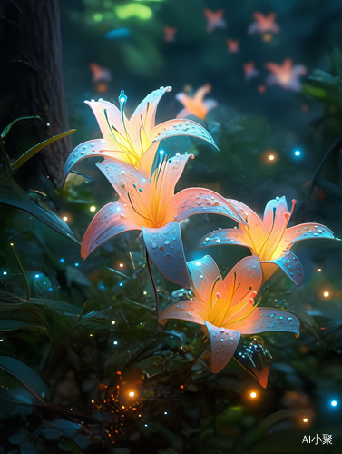 Futuristic Jade Lilies and Mushrooms in Forest