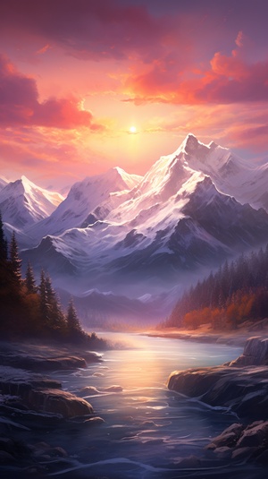 Serene Mountain Landscape with Vibrant Sunset