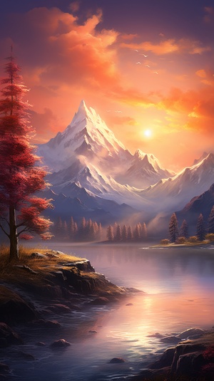 Serene Mountain Landscape with Vibrant Sunset