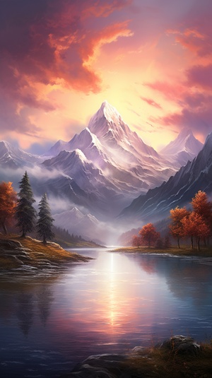 Serene Mountain Landscape with Vibrant Sunset