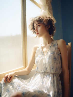 Beautiful Slender Girl in Summer Dress by the Window