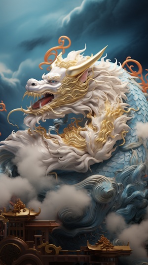 Chinese dragon sleeping on clouds, light navyblue and gold style, translucent textures, zbrush, cosmicart, swirls, anime aesthetics, furry art, elaborate, 3D,C4D rendering, 8K, super high detail ar 6:9