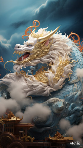 Chinese Dragon in Light Navyblue and Gold Style