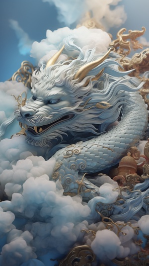 Chinese Dragon in Light Navyblue and Gold Style