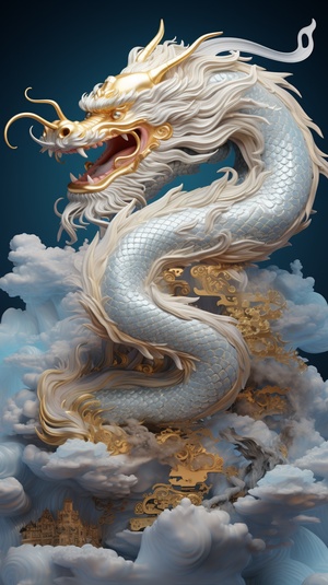 Chinese dragon sleeping on clouds, light navyblue and gold style, translucent textures, zbrush, cosmicart, swirls, anime aesthetics, furry art, elaborate, 3D,C4D rendering, 8K, super high detail ar 6:9