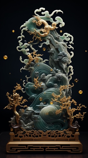 国风古韵之美，金镶玉，glass art of jade figurine, There is a jade carvedpanther(可替换主体关键词)in the middle of thescreen, in the style of hyperrealistic landscapes, goldand azure, traditional chinese landscape, flowingtextures, realistic hyper-detail, intricate illustrations,reefwave quality 5 iw 1 quality 5ar 16:9v6