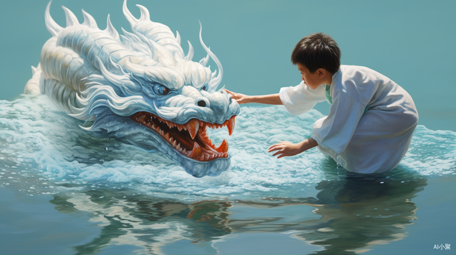 Chinese Dragon and Boy in Tang Dynasty Costume on the Lake