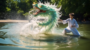 Chinese Dragon and Boy in Tang Dynasty Costume on the Lake