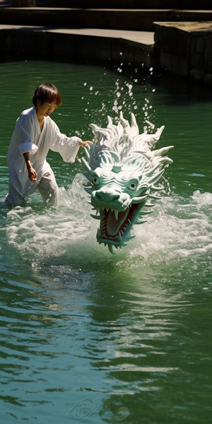 中国风，古典风格,A white Chinese dragon swims on thelake,spitting water out of its mouth, Chinese legendarydragon,The dragon is very long. A boy wearing TangDynasty costume is about to touch the dragon with hishand. A circle of ripples is formed on the water Droneperspective, blue-greenlake water, Chinese MartialArts World, Chinesemythological scenes, Bright colors,SunlightTransparent lake water, megalophobia, byTsuiHark, Chinese movie Big Fish and Begonia,Thereare leaves in the corners of the composition,3D渲染，中国水墨