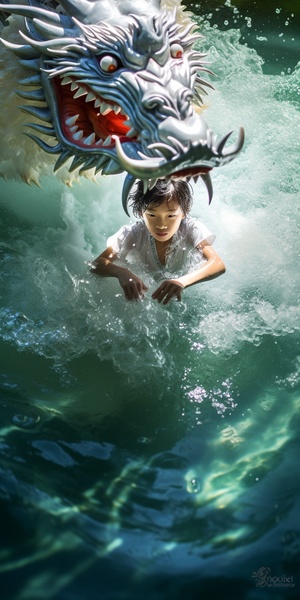 中国风，古典风格,A white Chinese dragon swims on thelake,spitting water out of its mouth, Chinese legendarydragon,The dragon is very long. A boy wearing TangDynasty costume is about to touch the dragon with hishand. A circle of ripples is formed on the water Droneperspective, blue-greenlake water, Chinese MartialArts World, Chinesemythological scenes, Bright colors,SunlightTransparent lake water, megalophobia, byTsuiHark, Chinese movie Big Fish and Begonia,Thereare leaves in the corners of the composition,3D渲染，中国水墨