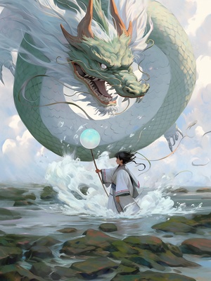 中国风，古典风格,A white Chinese dragon swims on thelake,spitting water out of its mouth, Chinese legendarydragon,The dragon is very long. A boy wearing TangDynasty costume is about to touch the dragon with hishand. A circle of ripples is formed on the water Droneperspective, blue-greenlake water, Chinese MartialArts World, Chinesemythological scenes, Bright colors,SunlightTransparent lake water, megalophobia, byTsuiHark, Chinese movie Big Fish and Begonia,Thereare leaves in the corners of the composition,3D渲染，中国水墨