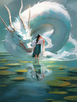 中国风，古典风格,A white Chinese dragon swims on thelake,spitting water out of its mouth, Chinese legendarydragon,The dragon is very long. A boy wearing TangDynasty costume is about to touch the dragon with hishand. A circle of ripples is formed on the water Droneperspective, blue-greenlake water, Chinese MartialArts World, Chinesemythological scenes, Bright colors,SunlightTransparent lake water, megalophobia, byTsuiHark, Chinese movie Big Fish and Begonia,Thereare leaves in the corners of the composition,3D渲染，中国水墨