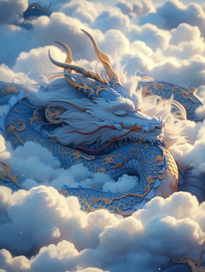 Chinese Dragon in Light Navyblue and Gold Style