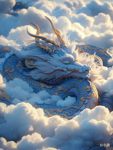 Chinese Dragon in Light Navyblue and Gold Style