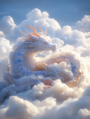 Chinese Dragon in Light Navyblue and Gold Style