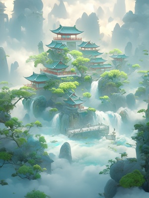 中国玉园，蓝绿国画山水背景，概念数字艺术风格，浅海蓝宝石和金色，微型雕塑，云朵，烟雾朦胧，环保工艺，超高细节，高光，3D渲染