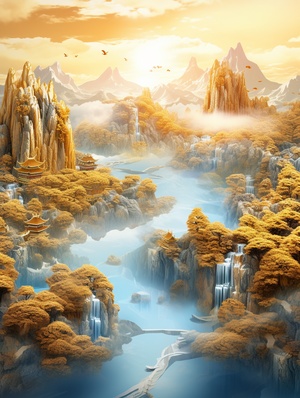 Gold blue mountain 3d illustration, fluid photographystyle, blue gold, gold blue in detail, Wang Ximeng,Northern Song Dynasty, a thousand rivers andmountains, Chinese landscape painting, wide-anglelens, traditional, majestic, enchanting beauty,symbolism, historical significance, cultural heritage