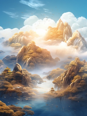 金蓝山景3d插画，以流体摄影风格，蓝金色，金蓝色细致入微，王希孟，北宋，千里江山，中国山水画，广角镜头，传统，磅礴，妖娆之美，象征主义，历史意义，文化底蕴，超高清画质，3D渲染