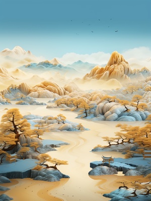 金蓝山景3d插画，以流体摄影风格，蓝金色，金蓝色细致入微，王希孟，北宋，千里江山，中国山水画，广角镜头，传统，磅礴，妖娆之美，象征主义，历史意义，文化底蕴，超高清画质，3D渲染