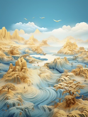 金蓝山景3D插画 — 流体摄影风格的磅礴妖娆之美